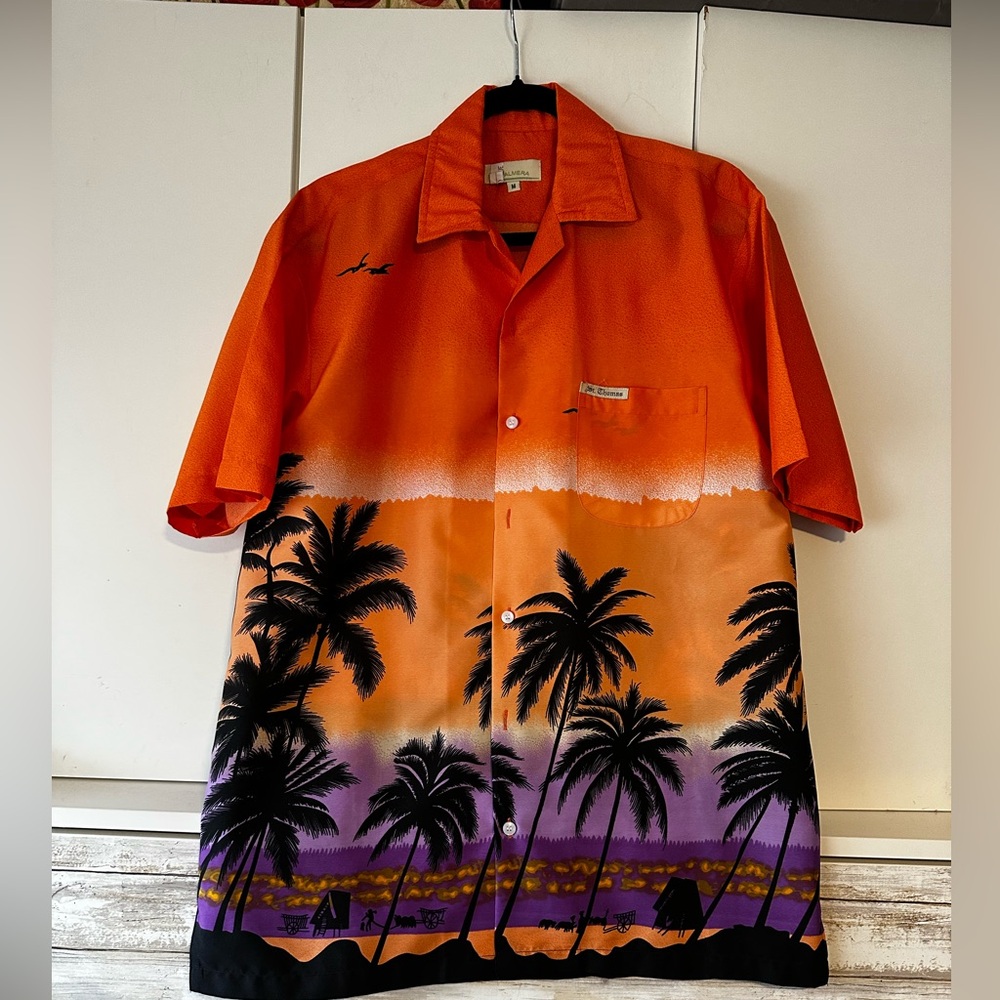 🌴 Palmera Hawaiian Sunset Palm Tree Shirt Orange Purple Beach Mens M